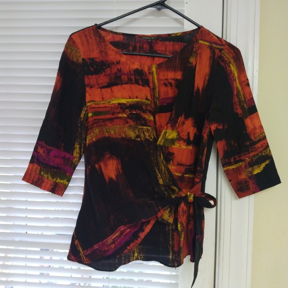 ❤️LAFAYETTE 148 NY 100% Silk Red Black Yellow Wrap 3/4 Sleeve Side Zip Top Sz 0